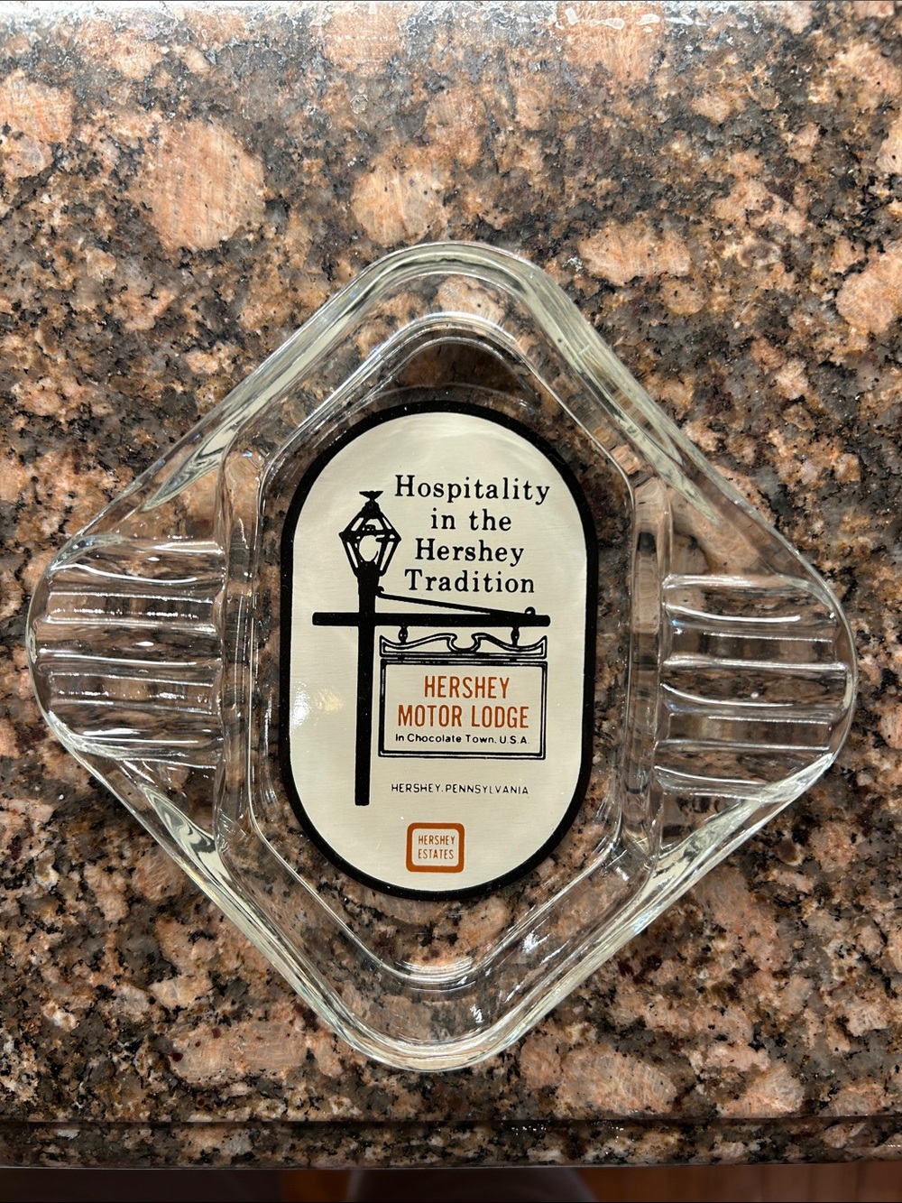Vintage Hershey Motor Lodge Glass Ashtray with Printed Label